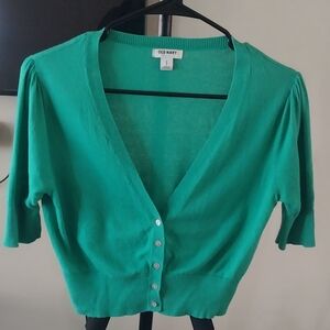 Old Navy teal green cropped cardigan with a V-neck and short sleeves Sz Small